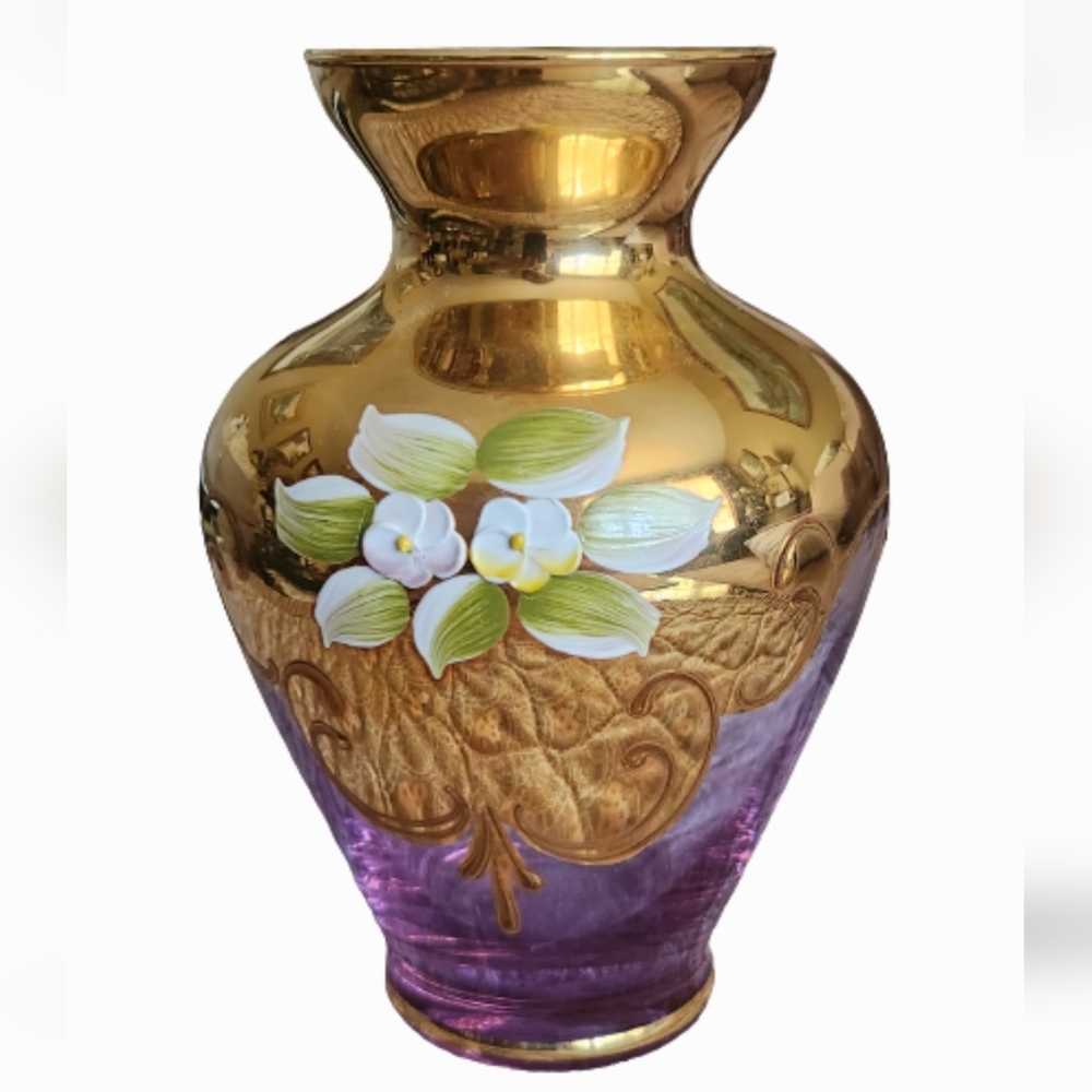 VTG Amethyst / Gold Glass Hand Painted Vase